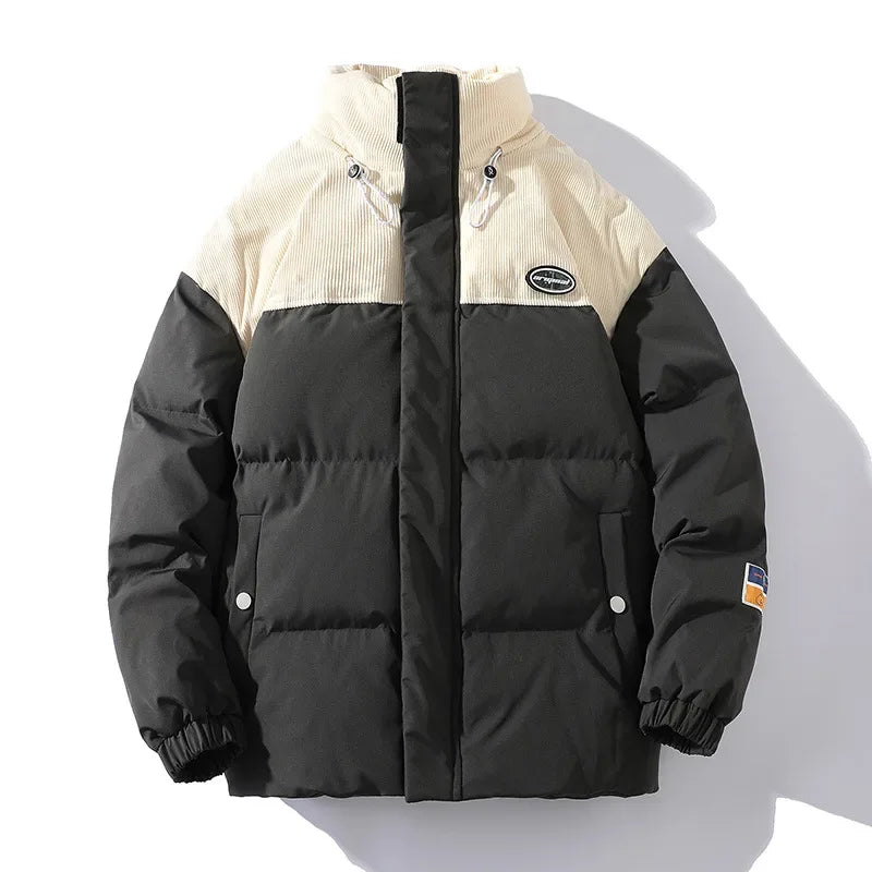 Jaqueta Masculina Puffer Bicolor com Recorte em Veludo Cotelê