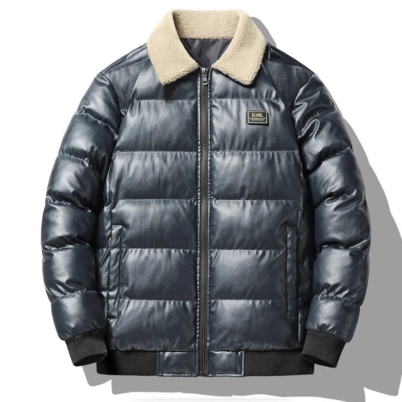 Jaqueta Masculina Puffer de Couro com Gola de Pelúcia