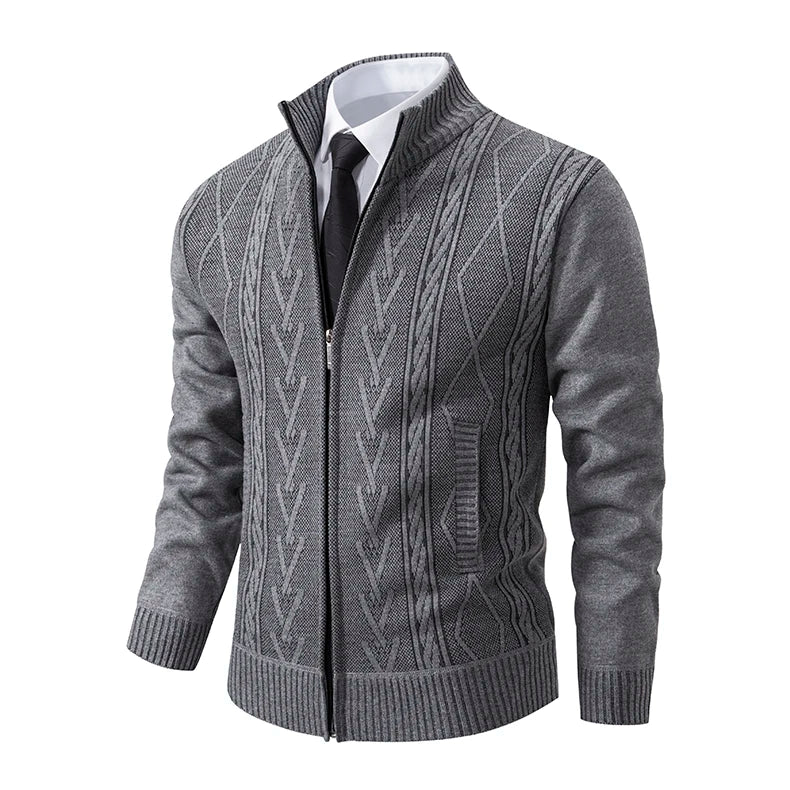 Cardigan Masculino Tricô com Zíper e Gola Alta Elegante