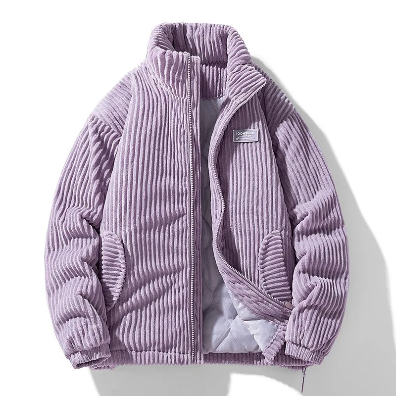 Jaqueta Puffer de Veludo Cotelê Masculina Oversized Gola Alta