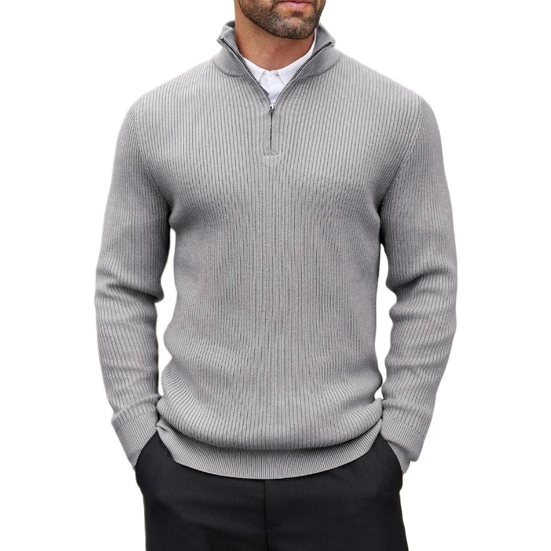 Suéter Masculino Gola Alta Canelado com Meio Zíper