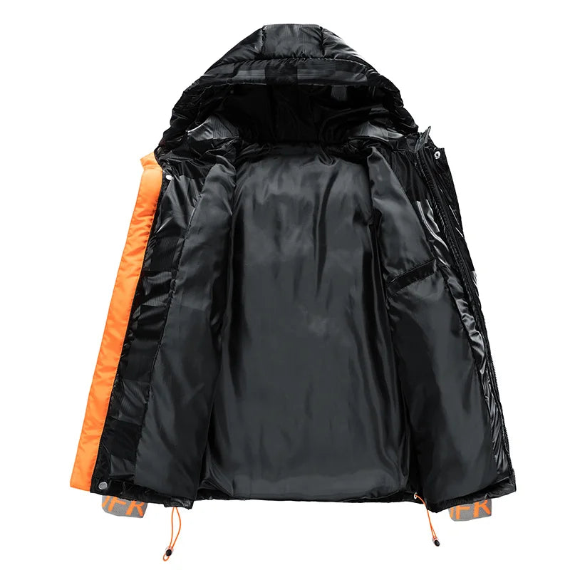 Jaqueta Puffer Masculina Streetwear com Capuz e Detalhe Laranja