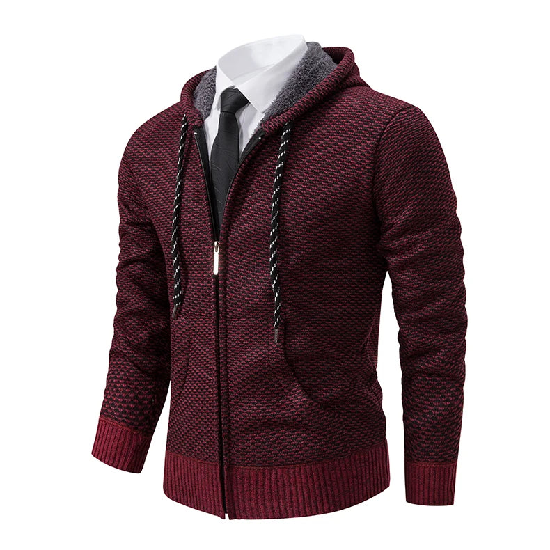 Casaco Masculino de Tricô com Zíper e Capuz Inverno