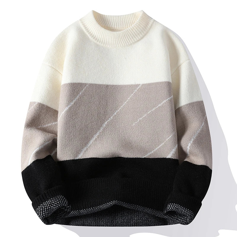Suéter Masculino Tricô Colorblock Bloco de Cores Gola Média