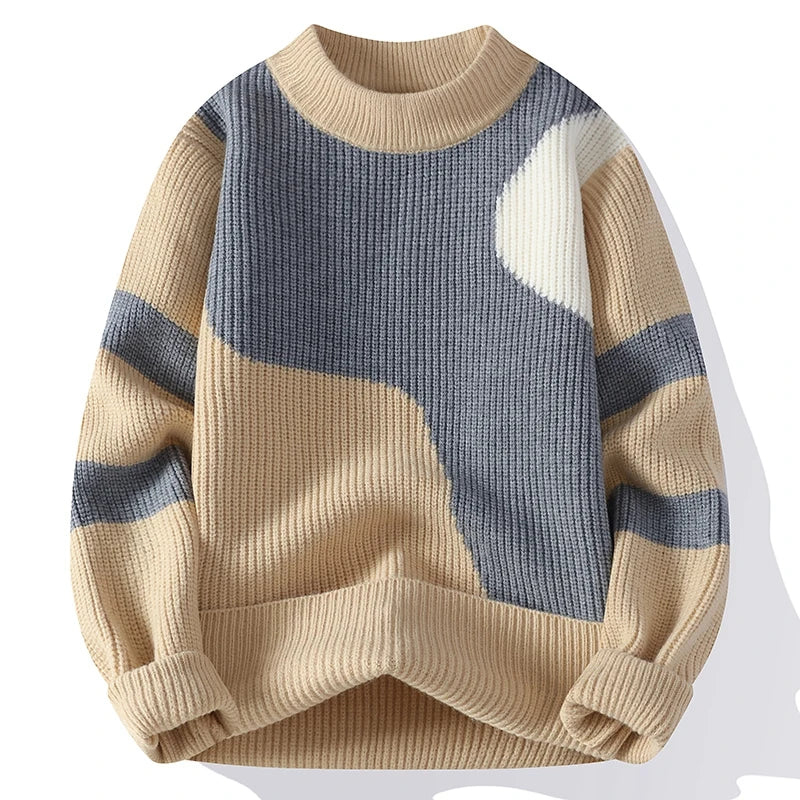 Suéter Masculino de Tricô Canelado Assecundário Abstrato Gola Redonda