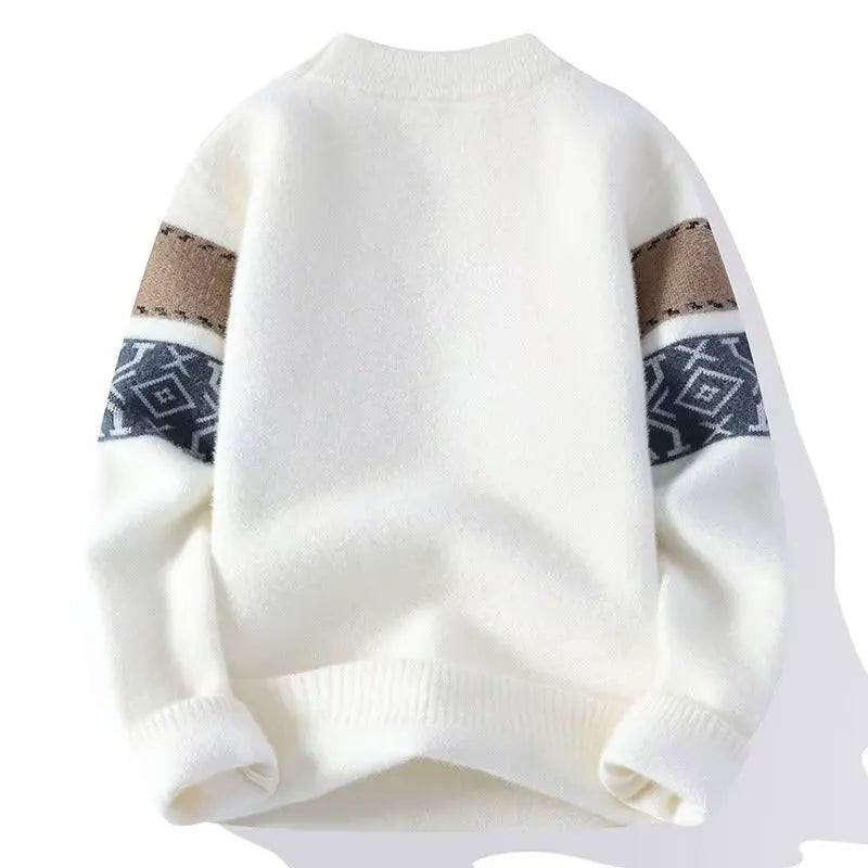 Suéter Masculino de Tricô Faixas Geométricas Jacquard Gola Redonda