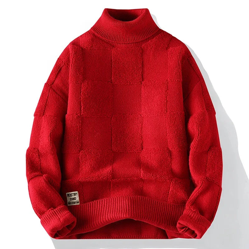 Blusa de Frio Masculina de Tricô Grosso Quadriculado Gola Alta