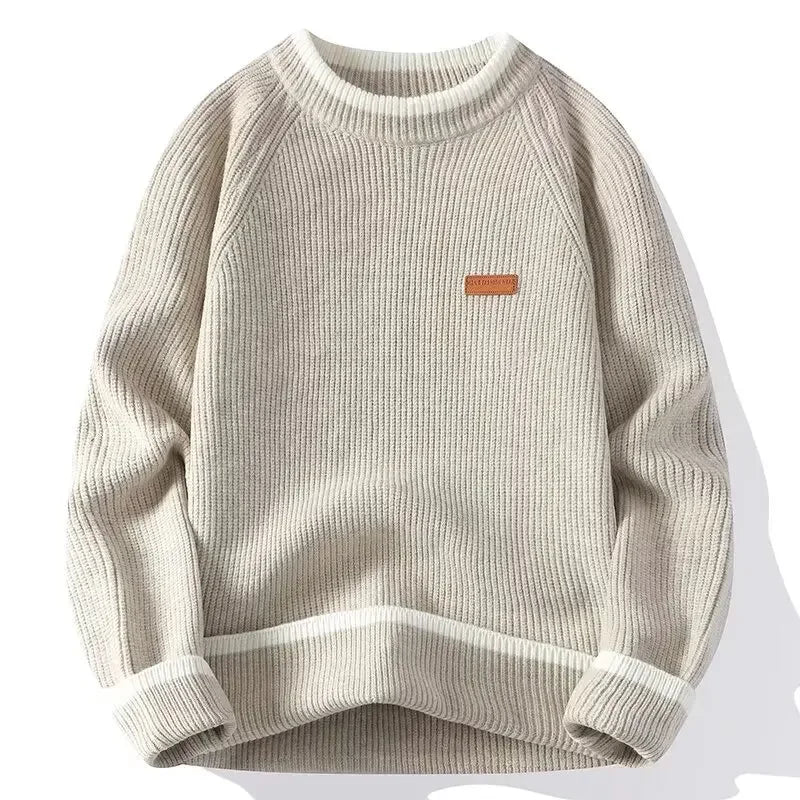 Suéter Masculino de Tricô Canelado Manga Raglan Gola Média