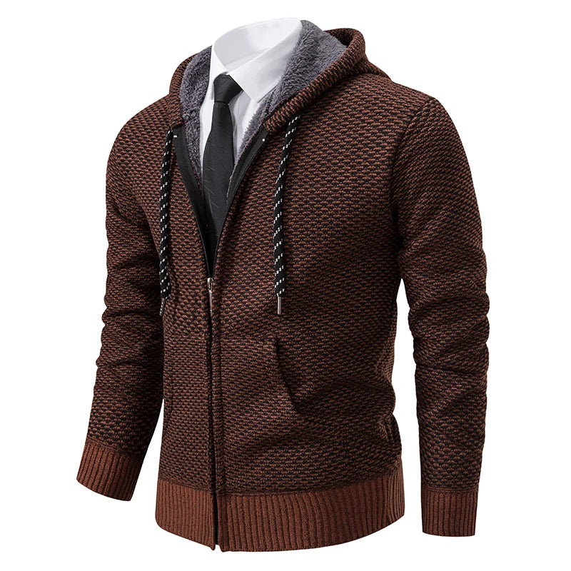 Casaco Masculino de Tricô com Zíper e Capuz Inverno