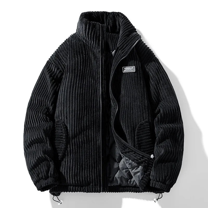 Jaqueta Puffer de Veludo Cotelê Masculina Oversized Gola Alta
