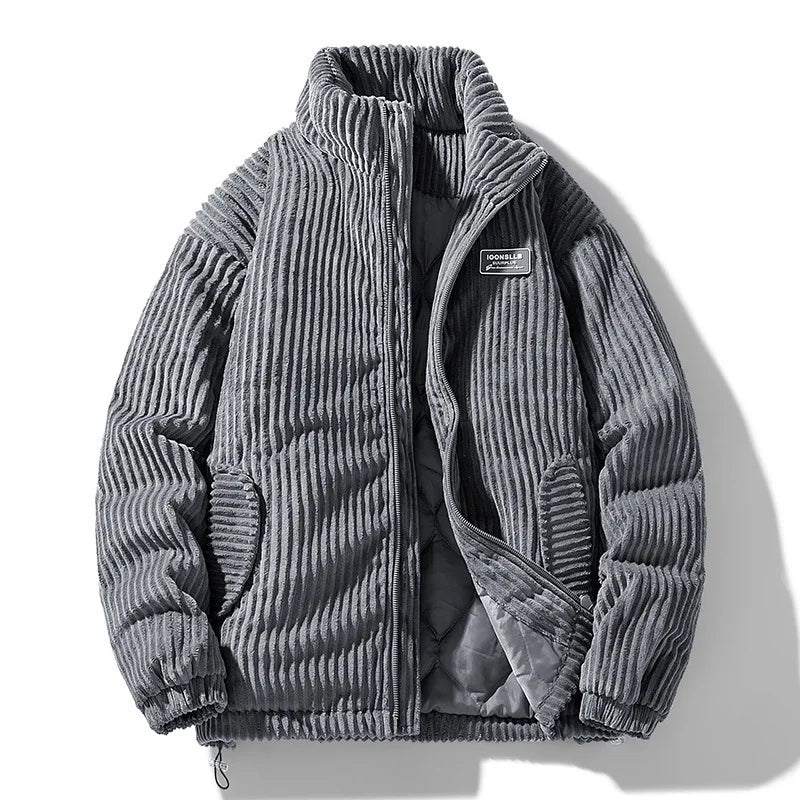 Jaqueta Puffer de Veludo Cotelê Masculina Oversized Gola Alta
