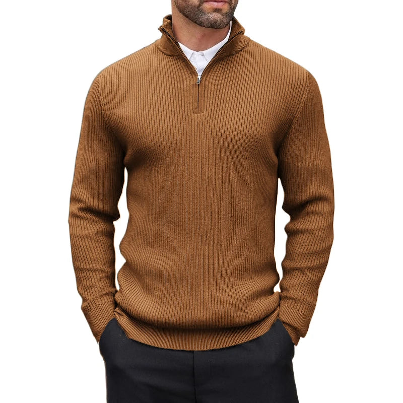 Suéter Masculino Gola Alta Canelado com Meio Zíper