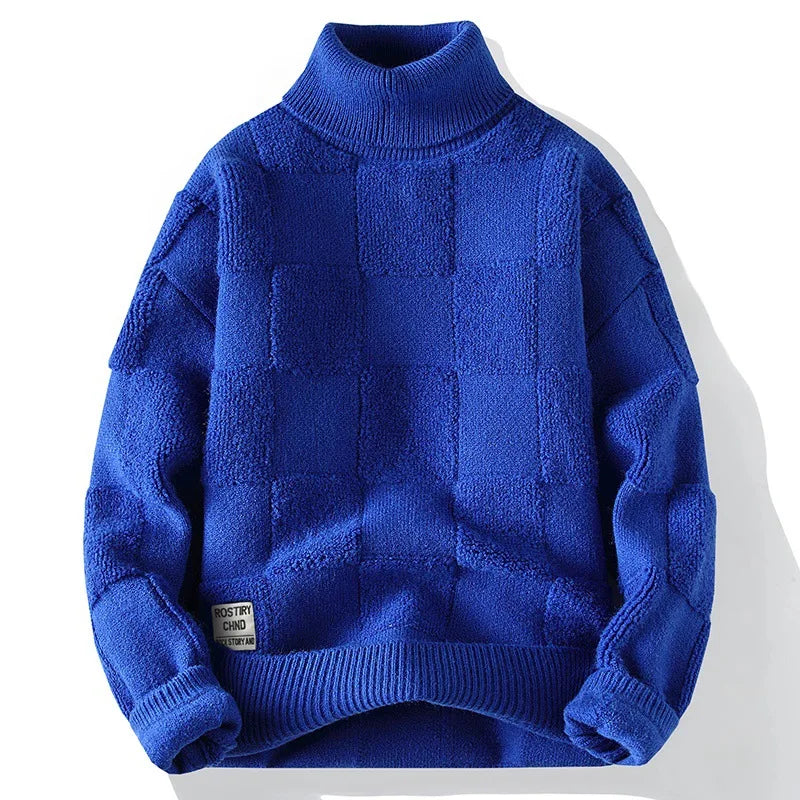 Blusa de Frio Masculina de Tricô Grosso Quadriculado Gola Alta