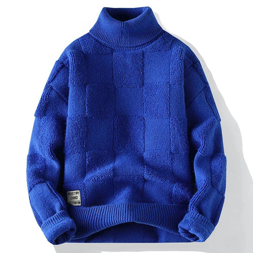 Blusa de Frio Masculina de Tricô Grosso Quadriculado Gola Alta