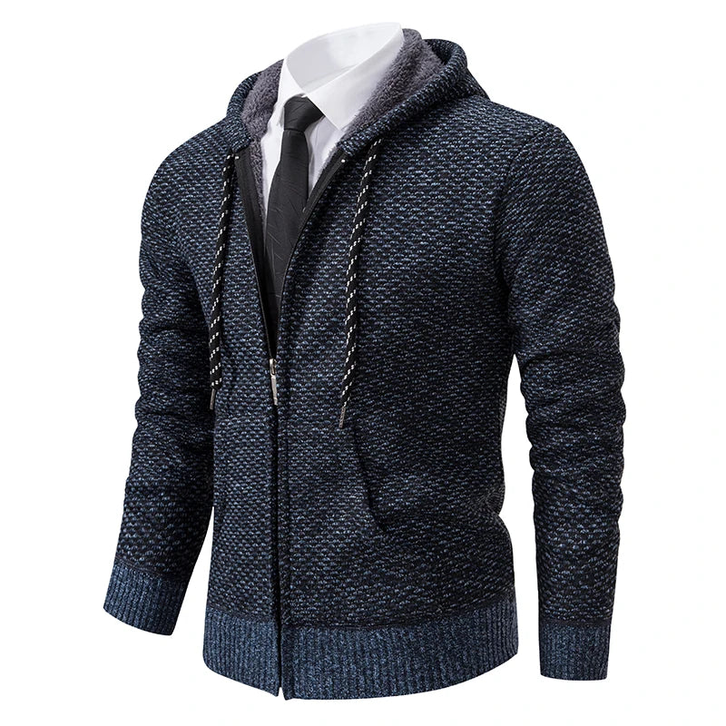 Casaco Masculino de Tricô com Zíper e Capuz Inverno
