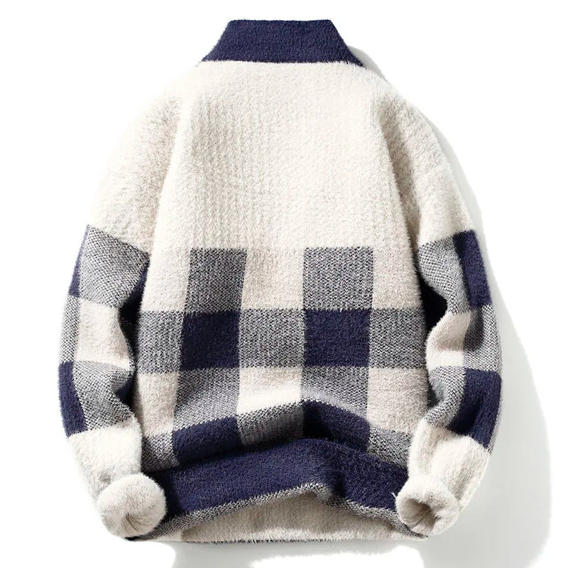 Suéter Masculino Tricô Plush Xadrez Gola Alta