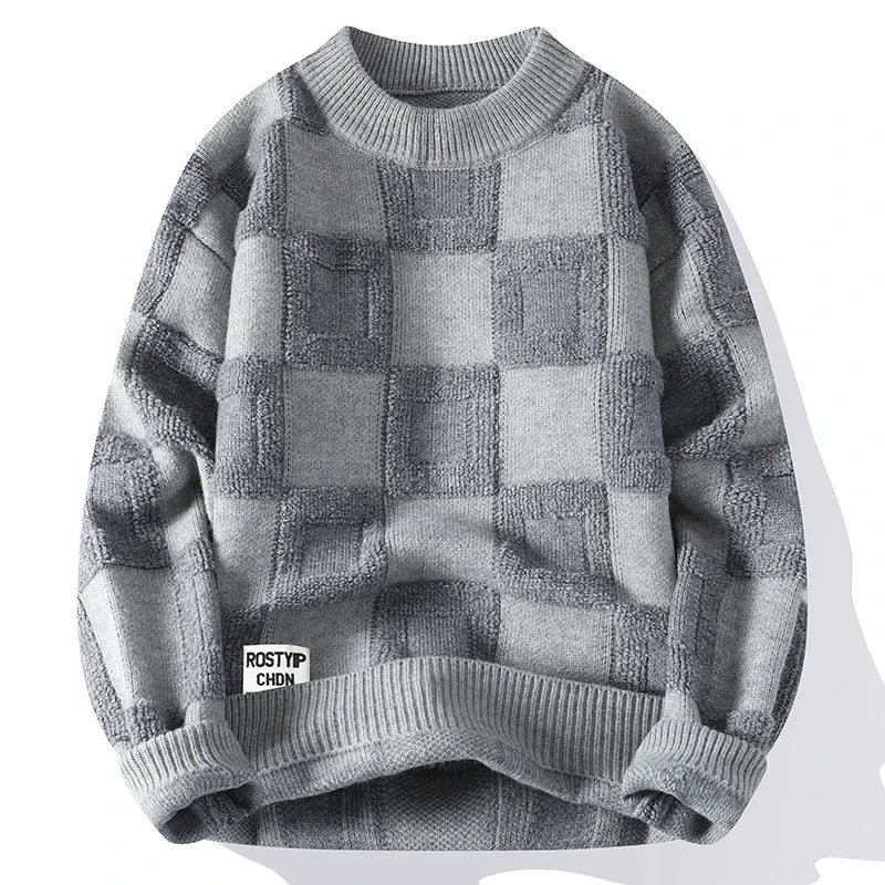Suéter Masculino de Tricot Xadrez Quadrado Oversized