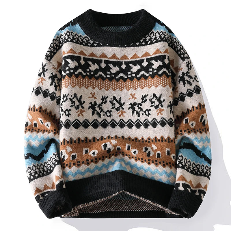 Suéter Masculino de Tricô Estampa Étnica Fair Isle Jacquard Gola Redonda