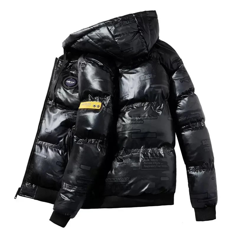 Jaqueta Masculina Puffer Metalizada Streetwear com Capuz