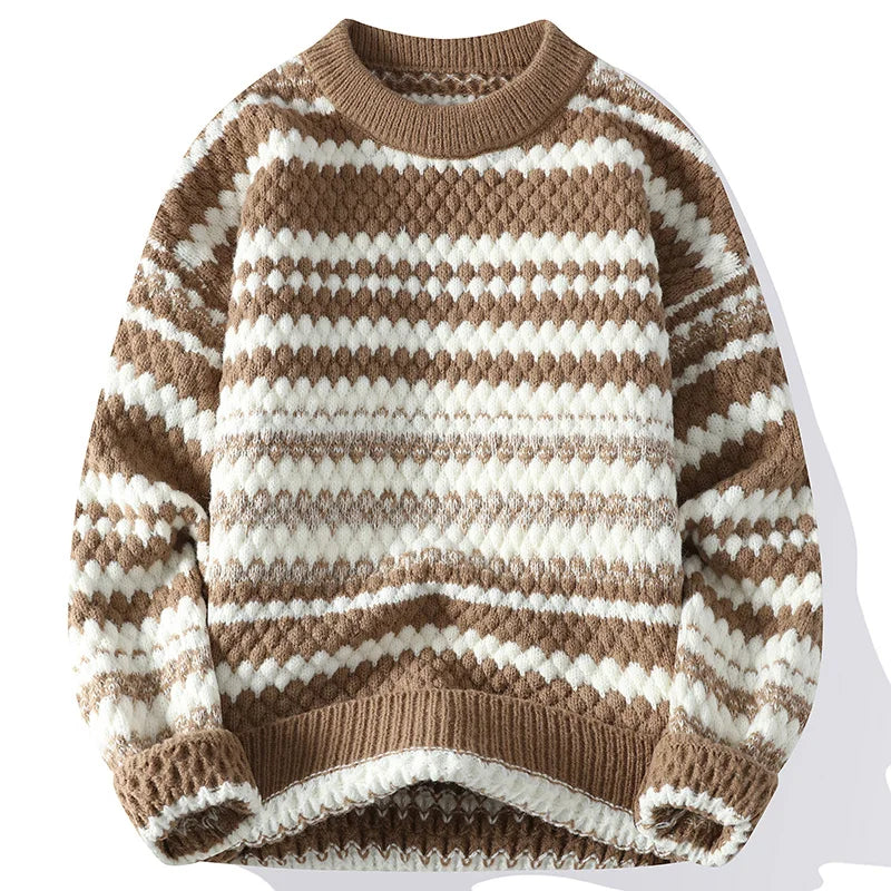 Suéter Masculino Tricô Texturizado Listrado Gola Redonda Blusa de Frio