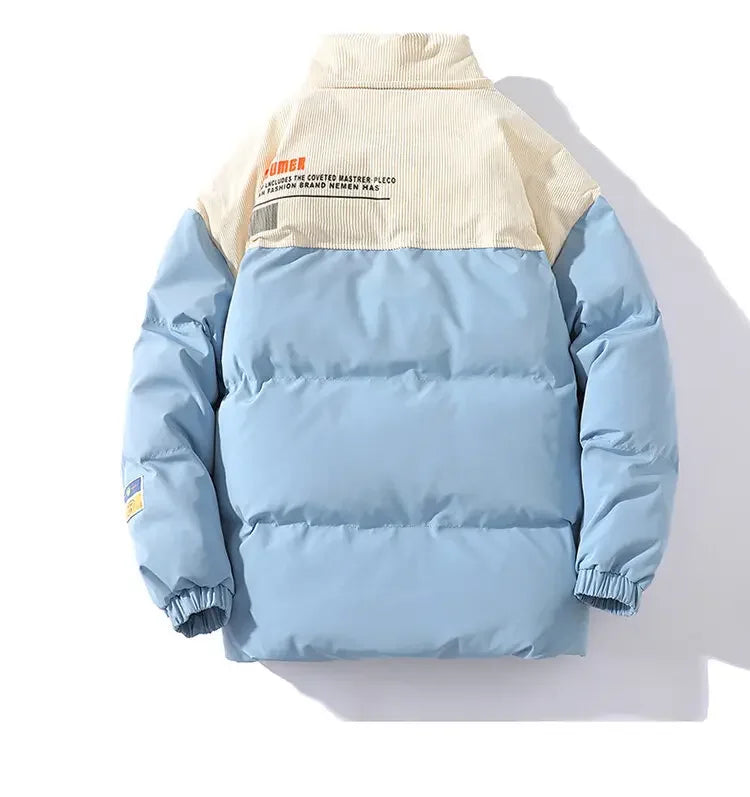 Jaqueta Masculina Puffer Bicolor com Recorte em Veludo Cotelê