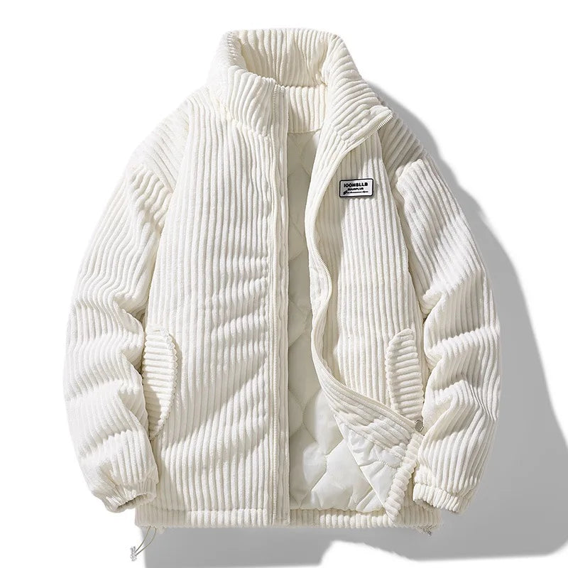 Jaqueta Puffer de Veludo Cotelê Masculina Oversized Gola Alta