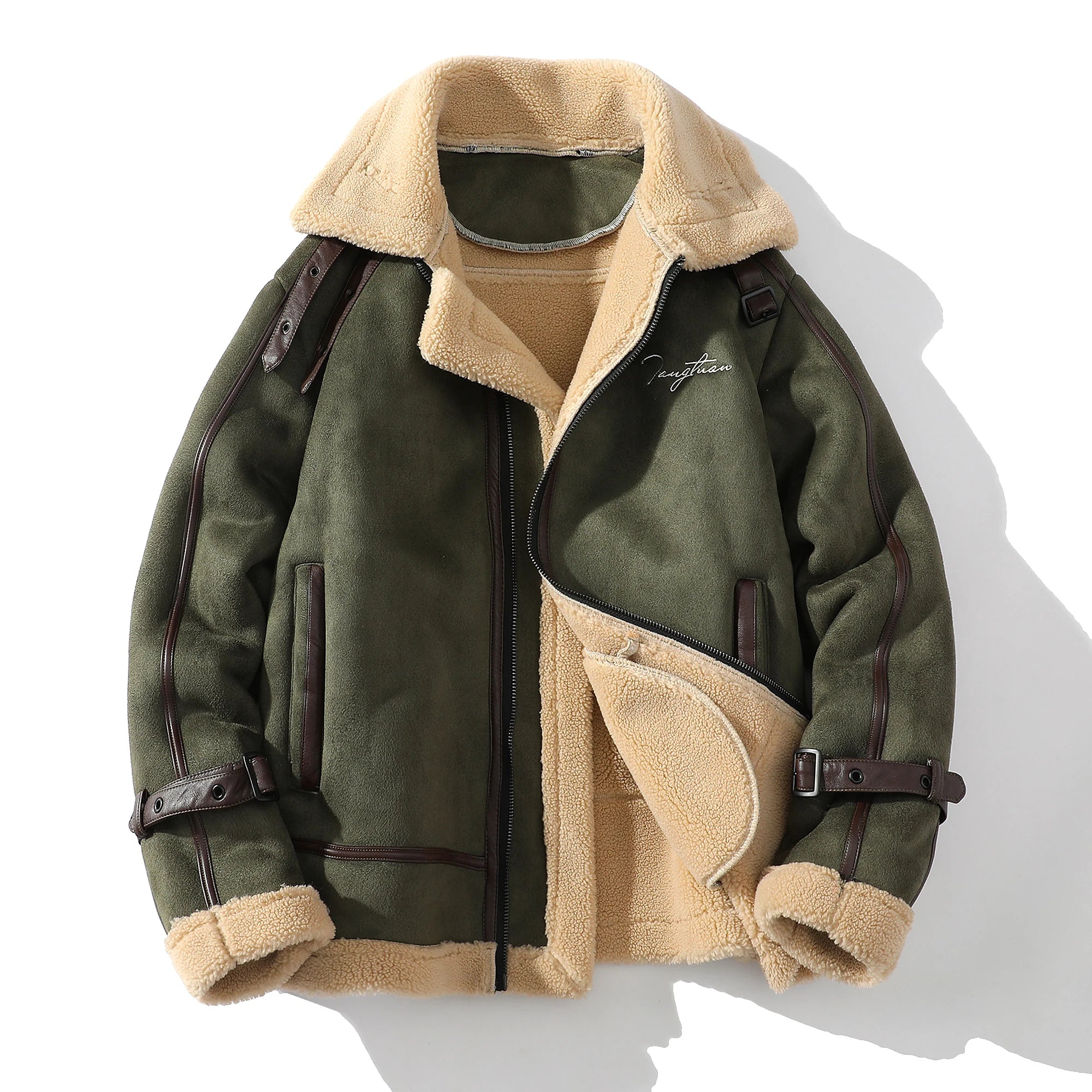 Jaqueta Masculina Militar Camurça Aviador Verde Forrada com Pelúcia