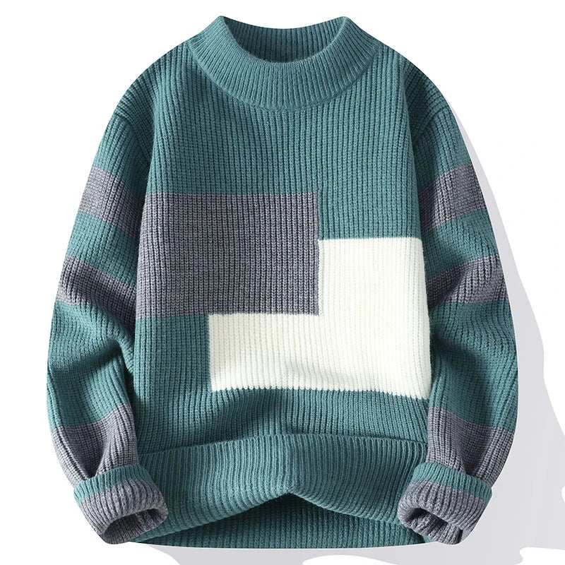 Suéter Masculino Tricô Colorblock Geométrico Estilo Urbano