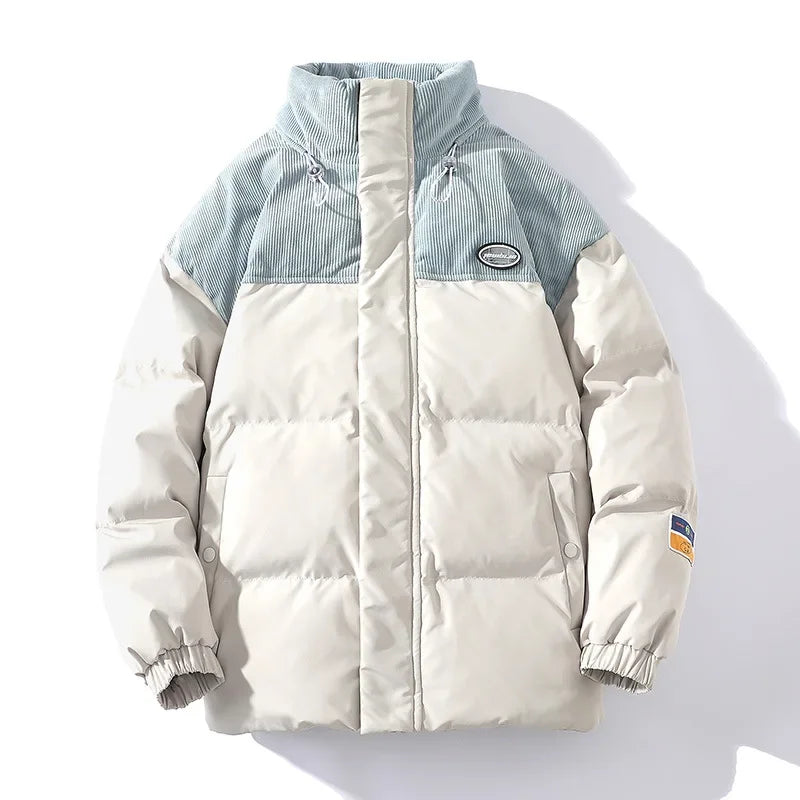 Jaqueta Masculina Puffer Bicolor com Recorte em Veludo Cotelê