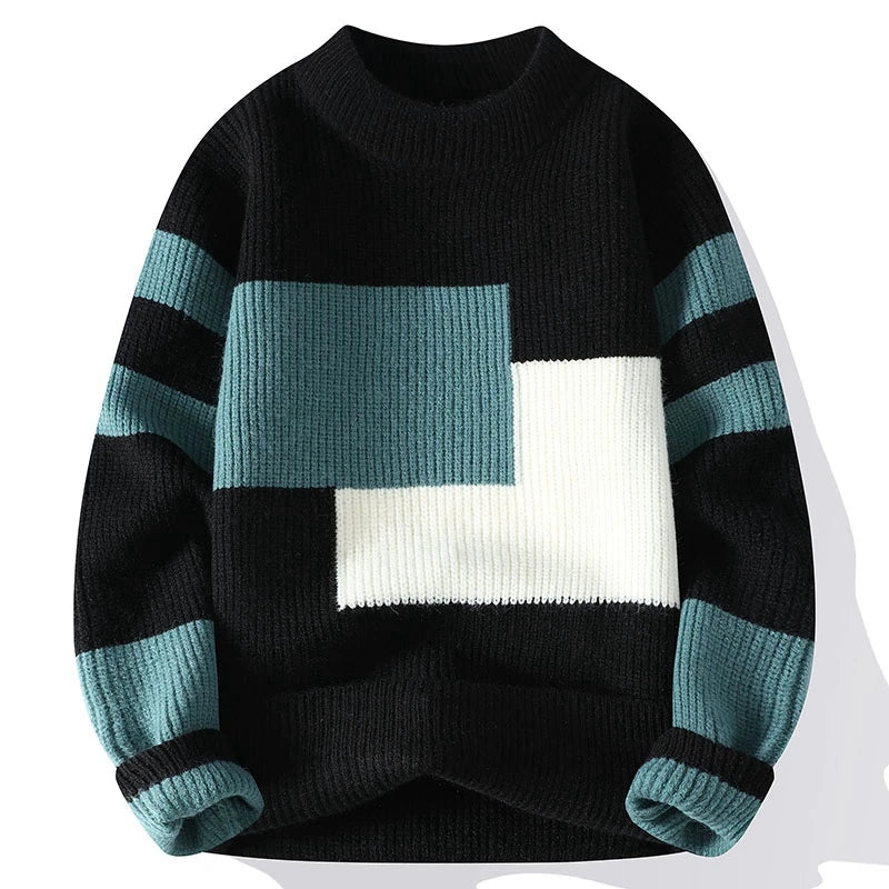 Suéter Masculino Tricô Colorblock Geométrico Estilo Urbano