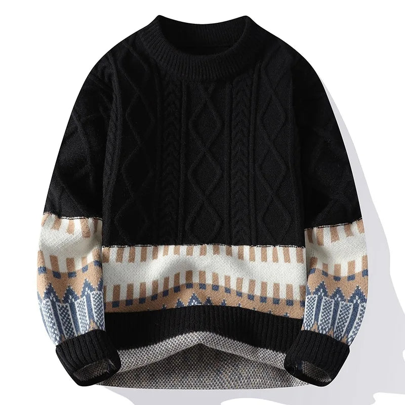 Suéter Masculino de Tricô Jacquard com Faixas Geométricas e Gola Redonda