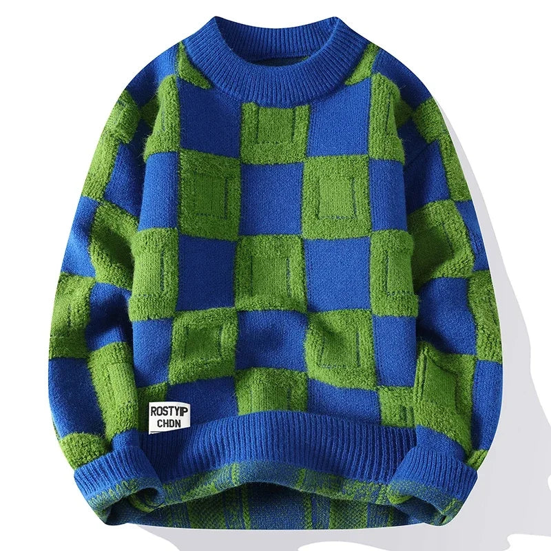 Suéter Masculino de Tricot Xadrez Quadrado Oversized