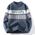 Suéter Masculino de Tricô Faixas Geométricas Jacquard Gola Redonda