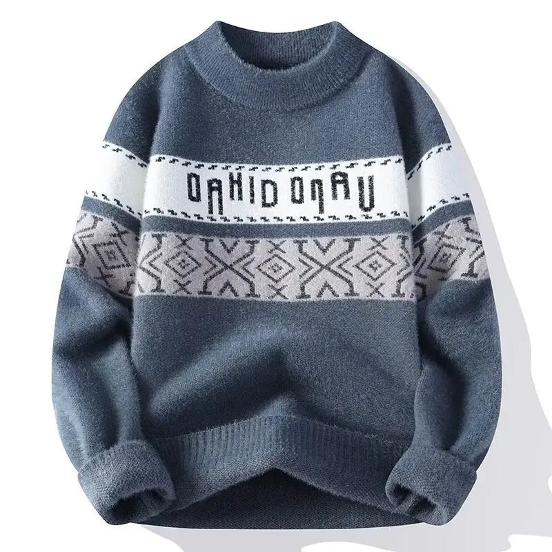 Suéter Masculino de Tricô Faixas Geométricas Jacquard Gola Redonda