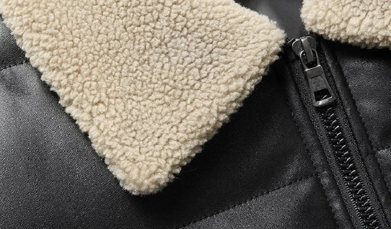 Jaqueta Masculina Puffer de Couro com Gola de Pelúcia