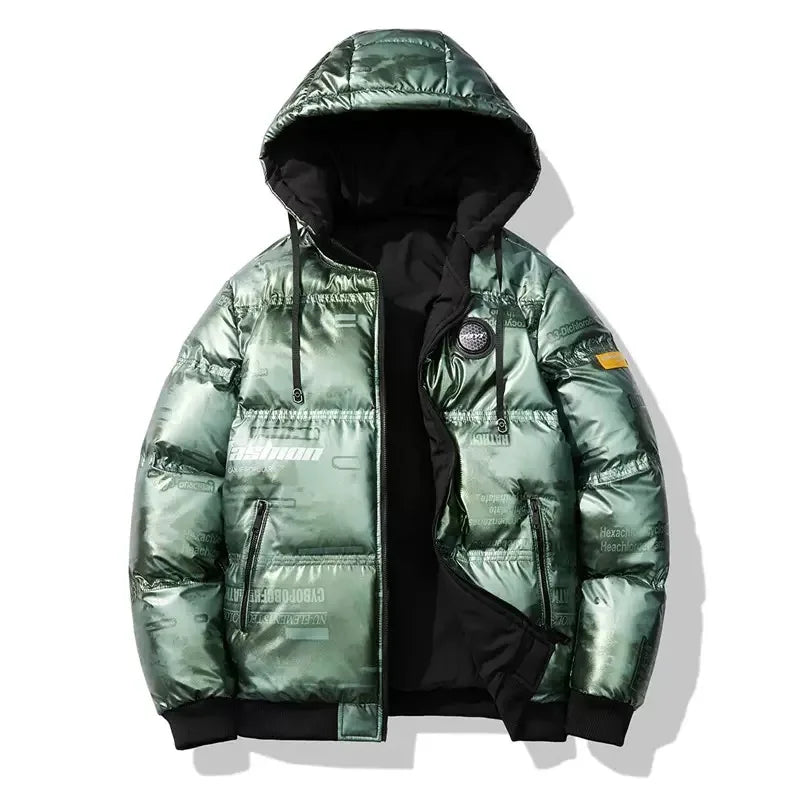 Jaqueta Masculina Puffer Metalizada Streetwear com Capuz