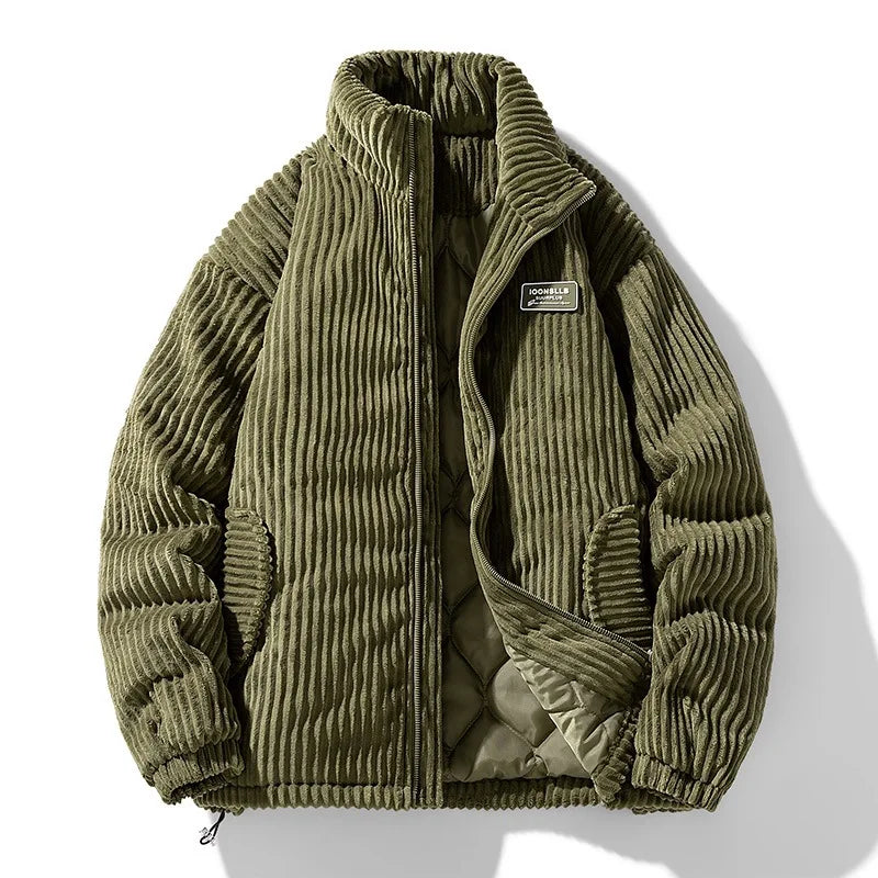 Jaqueta Puffer de Veludo Cotelê Masculina Oversized Gola Alta