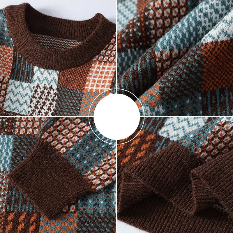 Suéter de Tricô Masculino Xadrez Patchwork Gola Careca Blusa de Frio