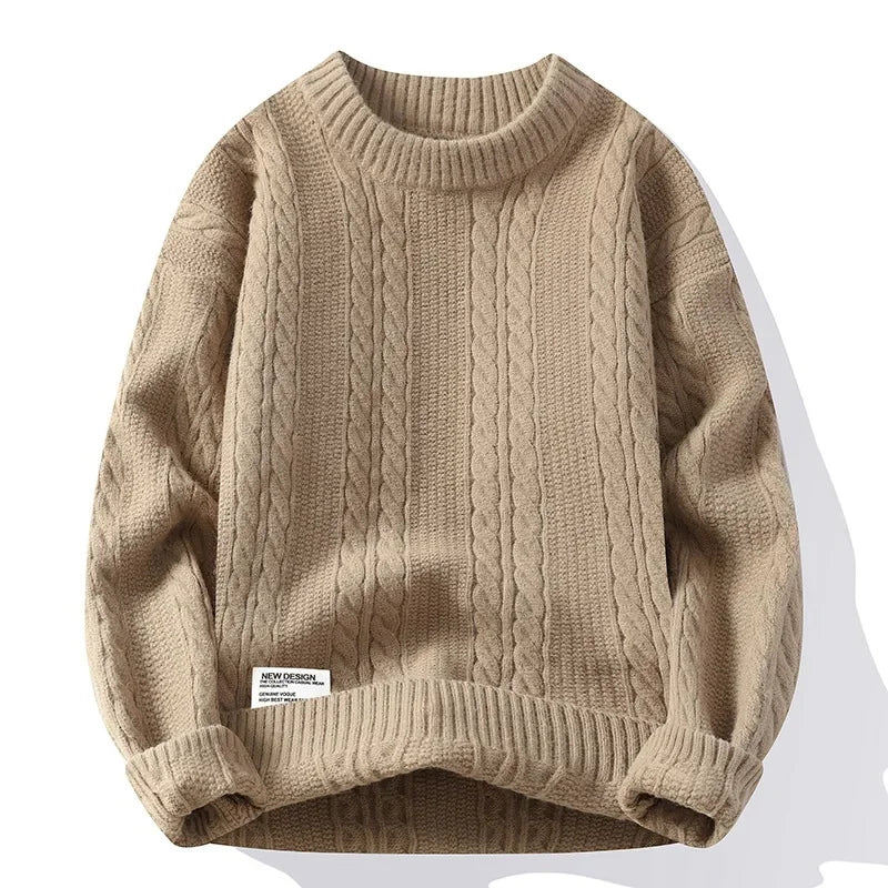 Suéter Masculino de Tricô Trançado Oversized Gola Média