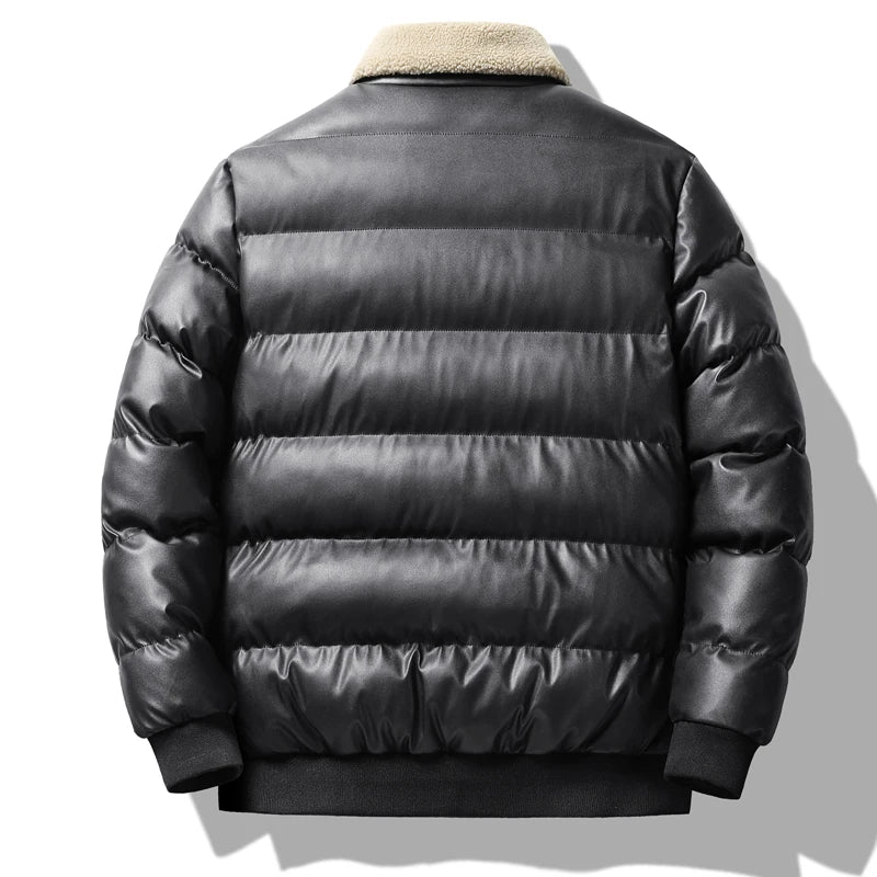 Jaqueta Masculina Puffer de Couro com Gola de Pelúcia