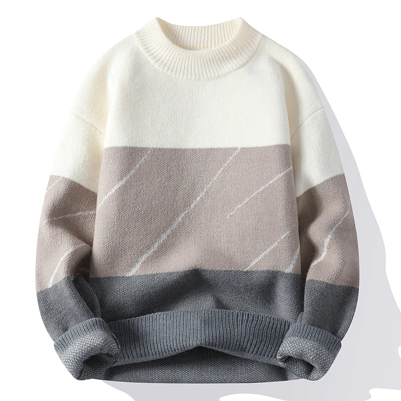 Suéter Masculino Tricô Colorblock Bloco de Cores Gola Média