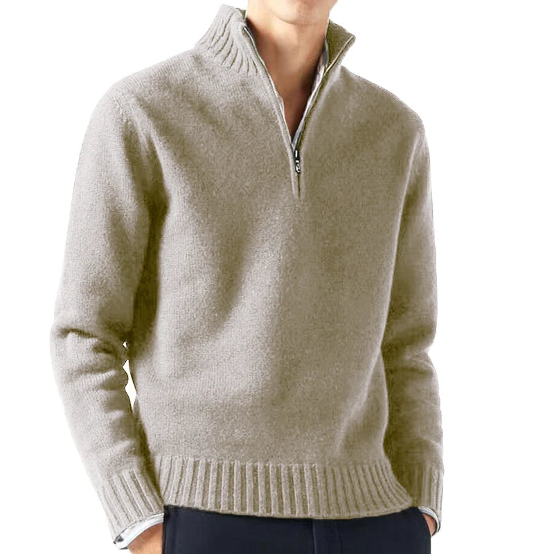 Blusa De Frio Masculina Suéter Gola Alta De Lã Com Zíper Na Gola