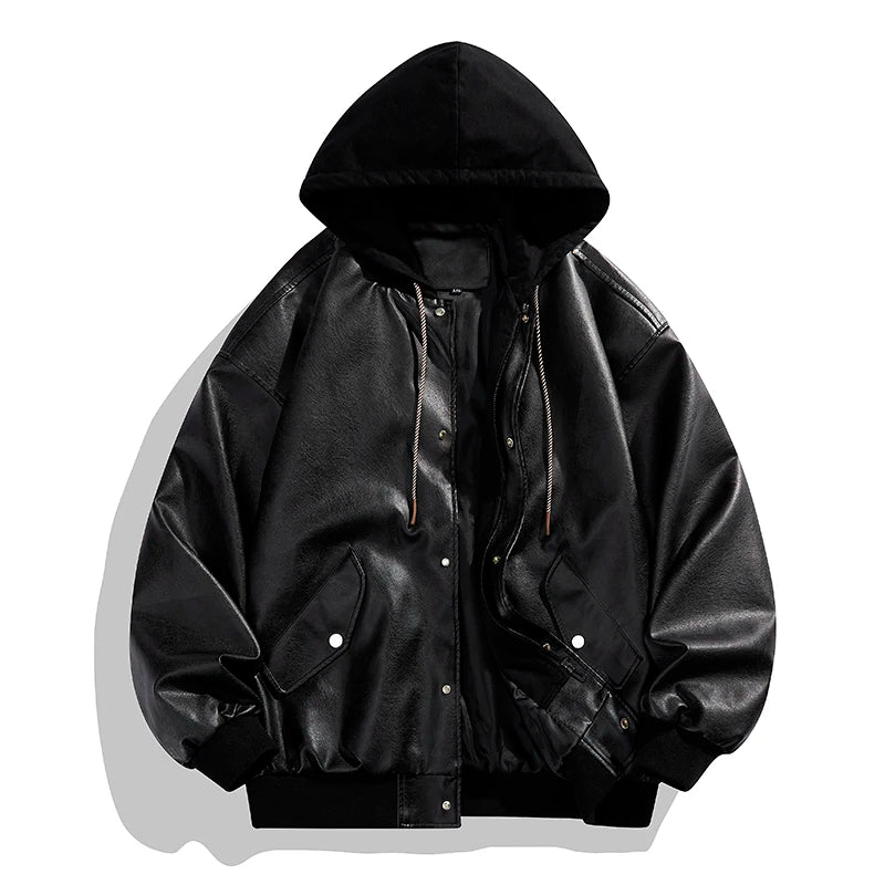 Jaqueta Bomber de Couro Masculina com Capuz Oversized