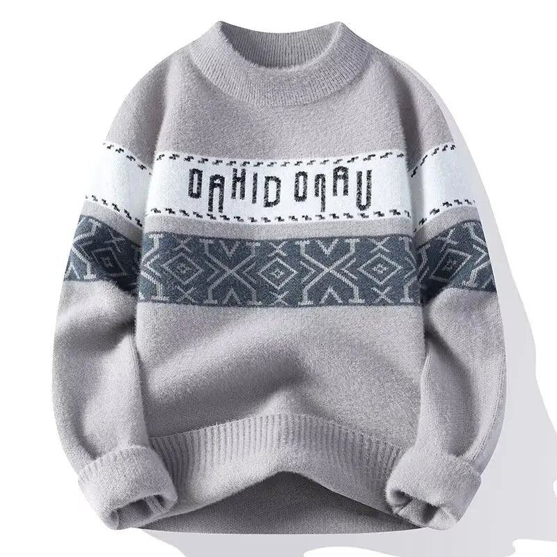 Suéter Masculino de Tricô Faixas Geométricas Jacquard Gola Redonda
