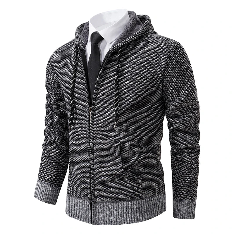 Casaco Masculino de Tricô com Zíper e Capuz Inverno