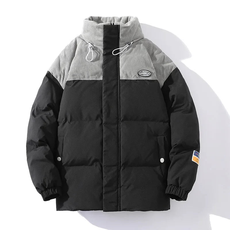 Jaqueta Masculina Puffer Bicolor com Recorte em Veludo Cotelê