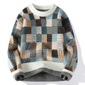 Suéter Masculino em Tricô Jacquard Xadrez com Gola Redonda