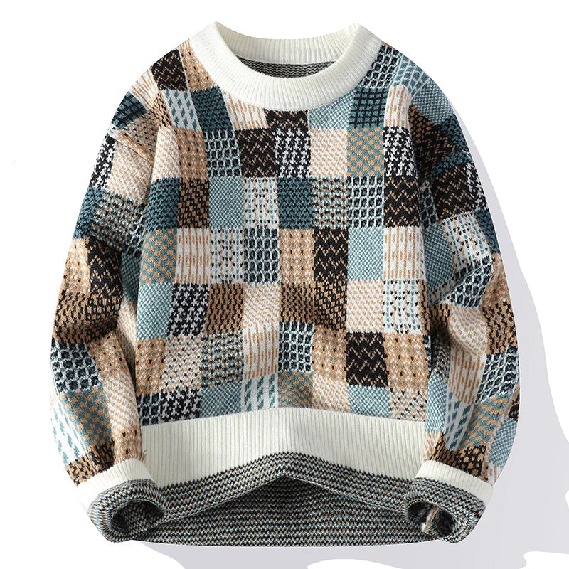Suéter de Tricô Masculino Xadrez Patchwork Gola Careca Blusa de Frio