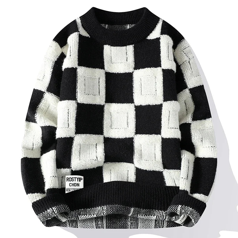Suéter Masculino de Tricot Xadrez Quadrado Oversized