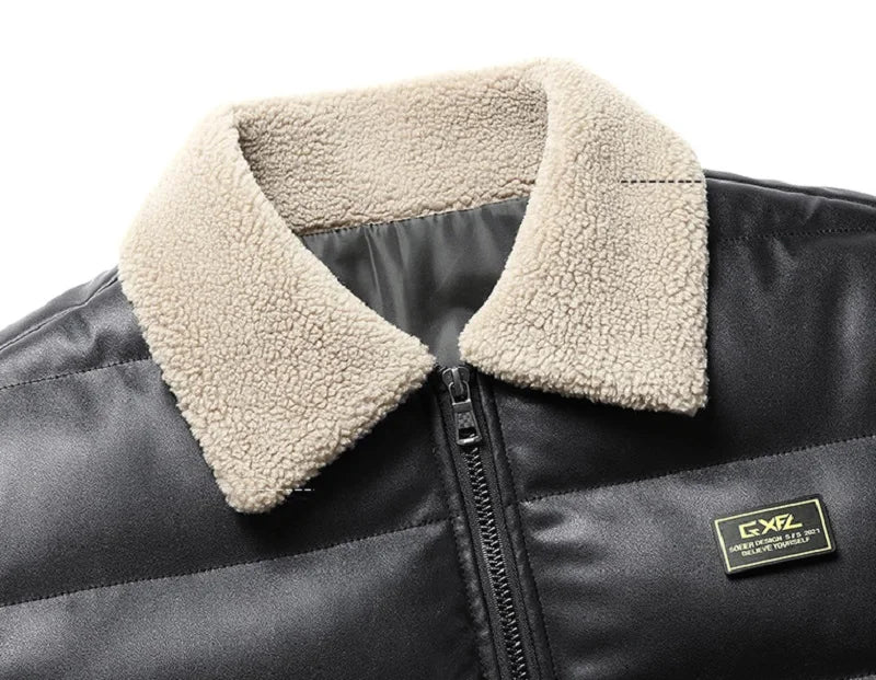 Jaqueta Masculina Puffer de Couro com Gola de Pelúcia